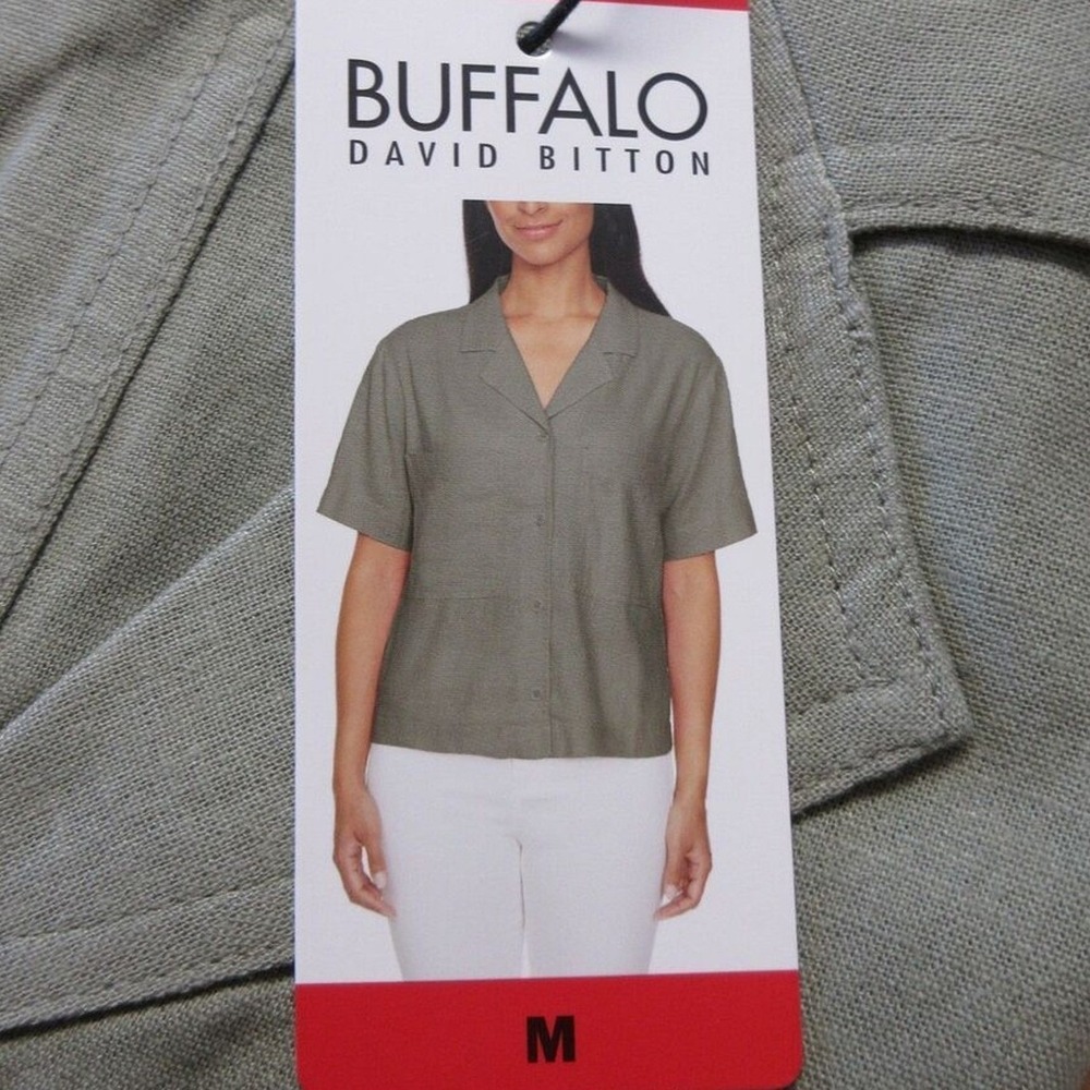 BUFFALO DAVID BITTON Linen Blend Shirt Sz Medium Olive Green Boxy Top Blouse NWT